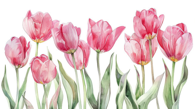 Pink tulips watercolor illustration on white background