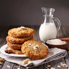 Fototapeta na wymiar Warm Indulgence: Aromatic Oatmeal Cookies and a Glass of Milk