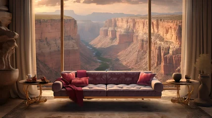 Plexiglas foto achterwand an imaginative scene where a luxurious sofa set is placed on a platform overlooking a scenic canyon, illustrating the harmonious blend of comfort and the grandeur of nature © Nafees