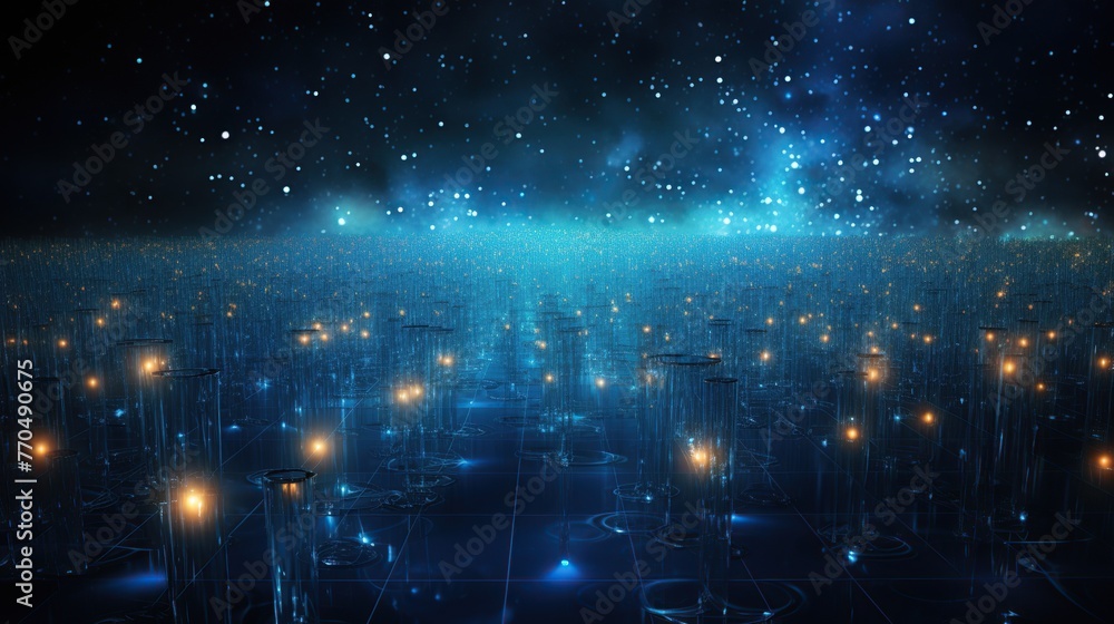 Poster a neural-like network of lights unfolds in a dark space, resembling synaptic connections, perfect fo