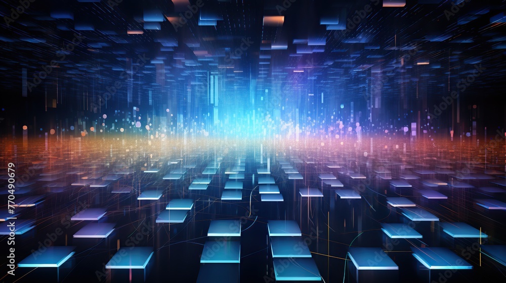Poster blue and orange data streams cascade in a digital matrix, symbolizing information flow and cyber con