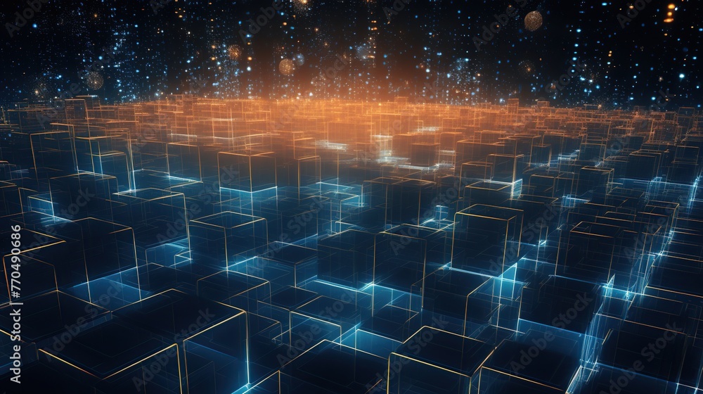 Poster blue illuminated data blocks stretch into the horizon, representing infinite information space with 