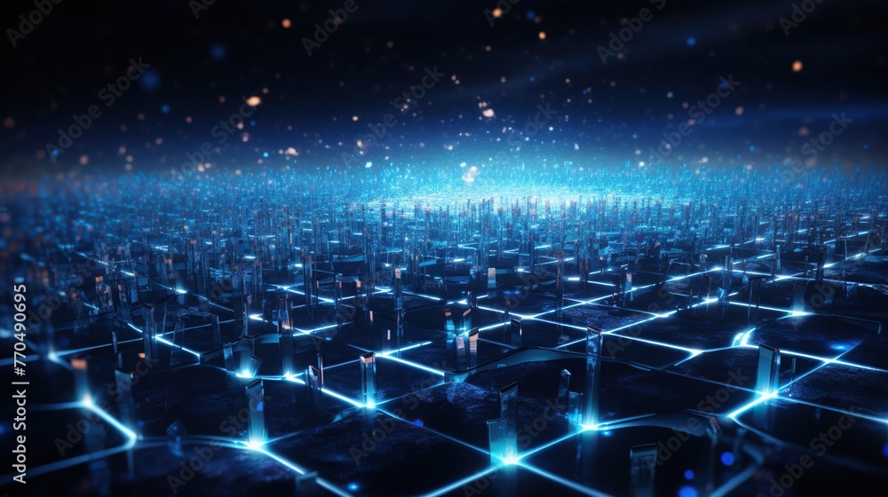 Poster a vast network of interconnected nodes and lights sprawling into a cosmic void, depicting a digital 