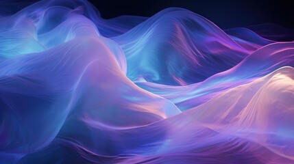 Fluid waves of digital silk in blue and purple hues create a soothing visual symphony, an elegant background for diverse applications, void of text for versatile use.