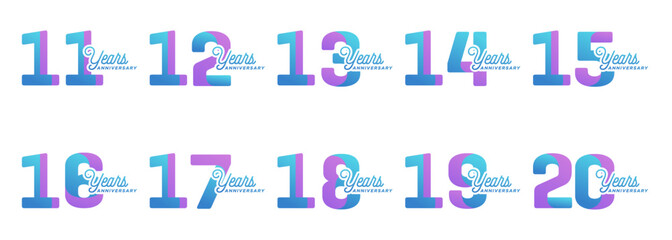 collection of anniversary logos from 11 year to 20 years with colorful modern numbers on a white background for celebratory moments, celebratory events.