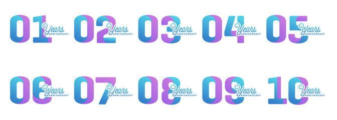 collection of anniversary logos from 1 year to 10 years with colorful modern numbers on a white background for celebratory moments, celebratory events.