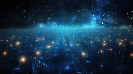 A neural-like network of lights unfolds in a dark space, resembling synaptic connections, perfect for visualizing concepts of AI, neural networks, and data processing in a clean