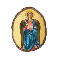 Christian vintage illustration of Archangel Uriel. Golden religious image in Byzantine style on white background