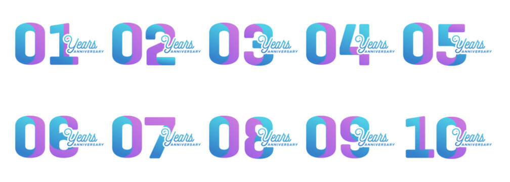 collection of anniversary logos from 1 year to 10 years with colorful modern numbers on a white background for celebratory moments, celebratory events.