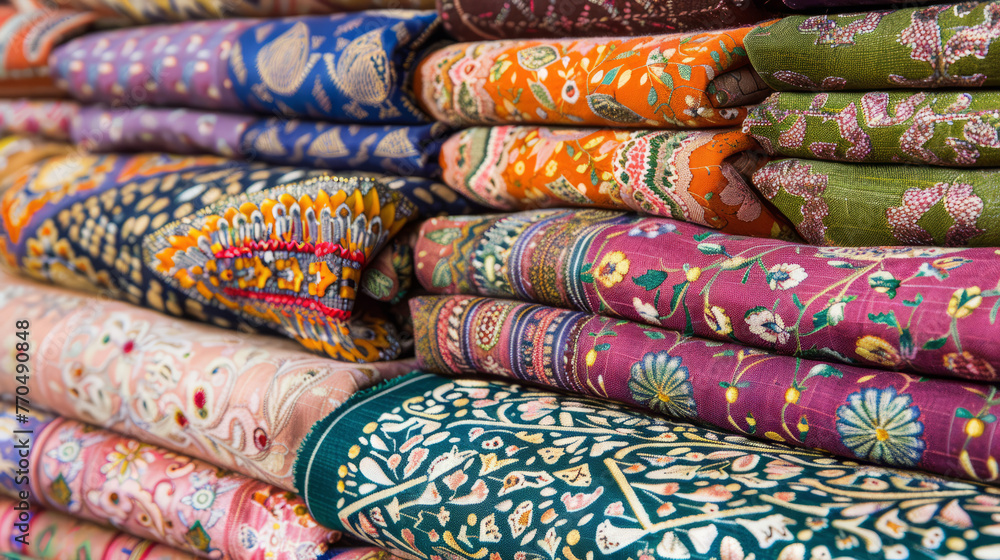Poster nicely folded traditional textiles in a stack with intricate patterns, showcasing a blend of cultura