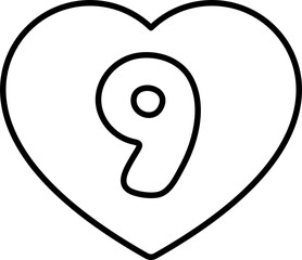 Vector illustration of heart-shaped numbers outlined in black for a coloring page for kids, number nine.