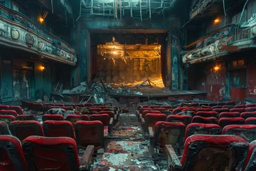 Schilderijen op glas abandoned theater with rows of seats and a broken stage, filled with debris from the fire that destroyed it. © Izanbar MagicAI Art