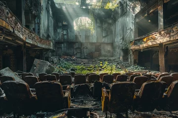Foto op Plexiglas abandoned theater with rows of seats and a broken stage, filled with debris from the fire that destroyed it. © Izanbar MagicAI Art