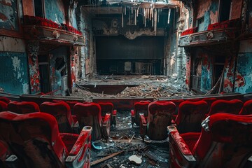 An abandoned cinema with an old worn out stage and broken seats. The theater is filled with debris from past years of use, creating an eerie atmosphere