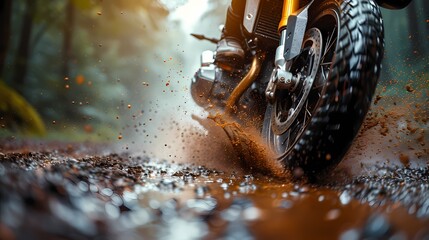 A close-up shot of a sport bike's front wheel kicking up gravel as it takes a sharp turn on a dirt...