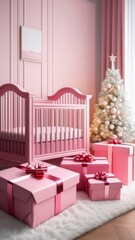 A pink and white nursery with a pink Christmas tree and pink presents. The room is decorated for a baby girl's Christmas. Gifts for a newborn girl.