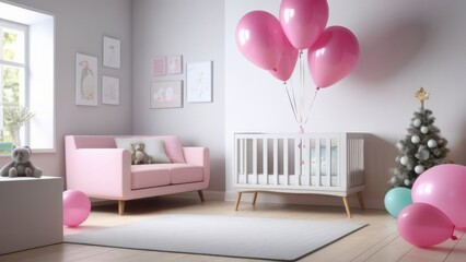 A room with a pink crib and a pink balloon wall. The room is decorated for a baby shower. The room is decorated in a baby girl's style