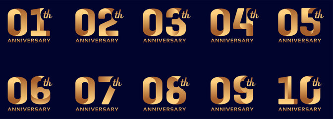 set of anniversary logos from 1 year to 10 years with gold numbers on a black background for celebratory moments