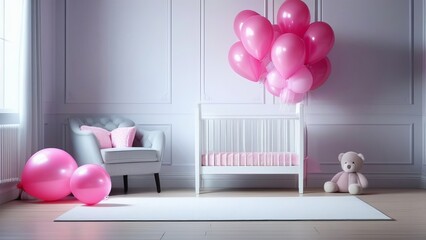 A room with a pink crib and a pink balloon wall. The room is decorated for a baby shower. The room is decorated in a baby girl's style