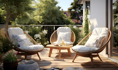 Outdoor patio with wicker armchairs and cushions in the garden