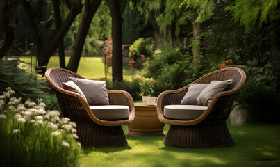 Outdoor patio with wicker armchairs and cushions in the garden