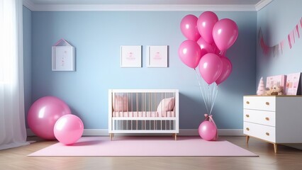 A room with a pink crib and a pink balloon wall. The room is decorated for a baby shower. The room is decorated in a baby girl's style