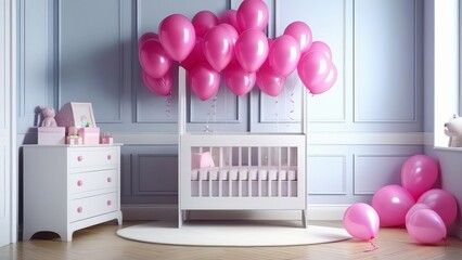 A room with a pink crib and a pink balloon wall. The room is decorated for a baby shower. The room is decorated in a baby girl's style