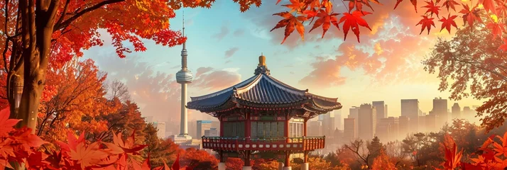 Schilderijen op glas Autumn's embrace at Namsan Tower and pavilion, a canvas of fall colors in the heart of Seoul © Saran