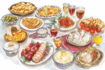 Illustration of a vibrant table spread with assorted traditional Purim foods.