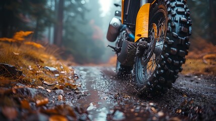 A close-up shot of a sport bike's front wheel kicking up gravel as it takes a sharp turn on a dirt trail
