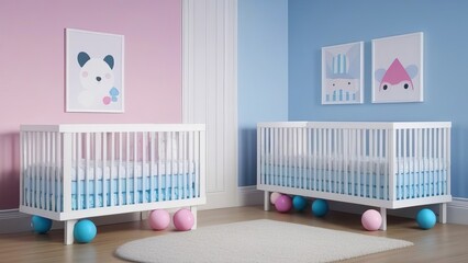 Two cribs with a blue and pink color scheme and a panda picture on one of them
