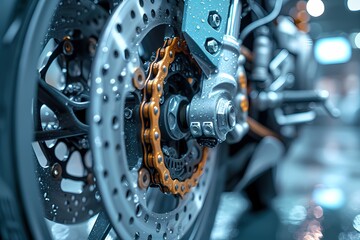 A close-up shot of a sport bike's brake caliper, showcasing its intricate mechanical design