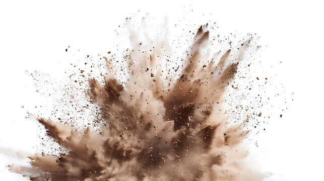 Dry soil explosion isolated on white background.Abstract dust explosion on white background