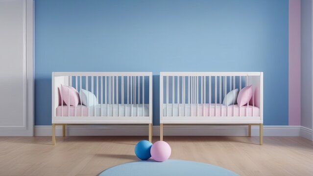 Two cribs with pink and blue pillows and a blue and pink wall behind them