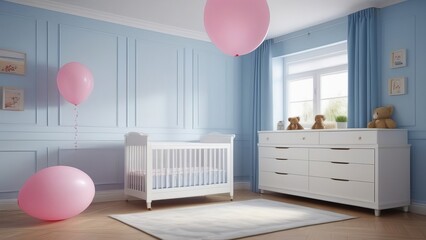 A room with a pink crib and a pink balloon wall. The room is decorated for a baby shower. The room is decorated in a baby girl's style