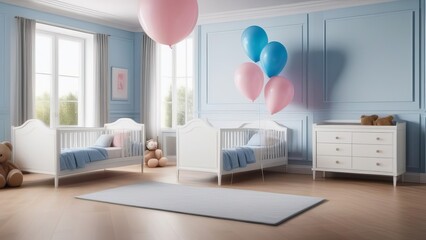 A room with a pink and blue balloon and two cribs