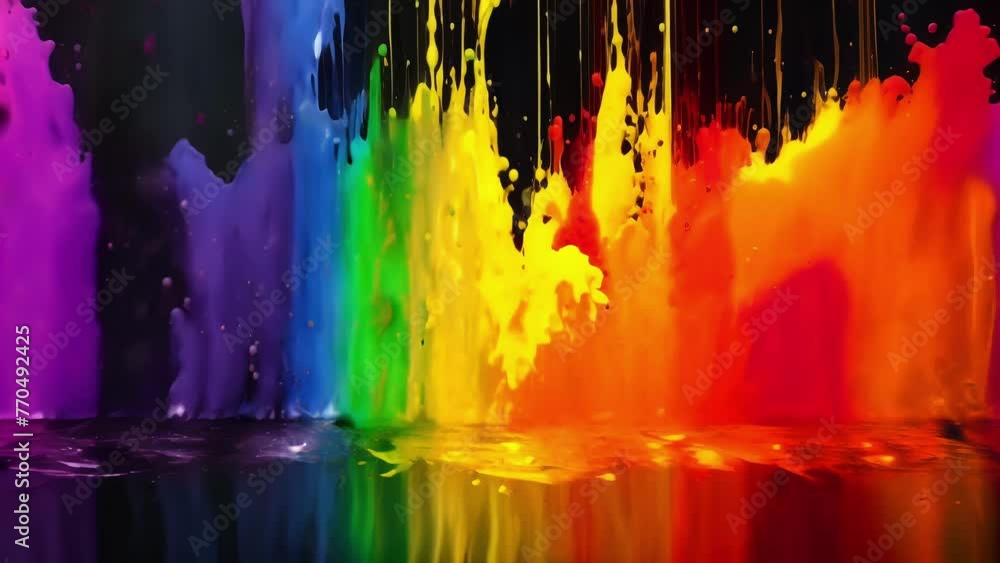 Poster shades of every color of the rainbow collide and blend on the stark black backdrop creating a stunni
