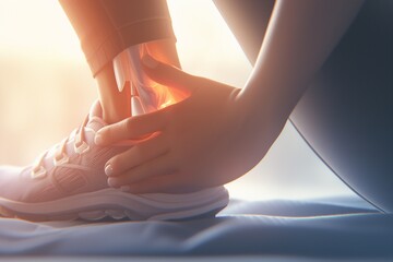 Foot pain, Woman holds her ankle injury feeling pain in her foot at home - obrazy, fototapety, plakaty
