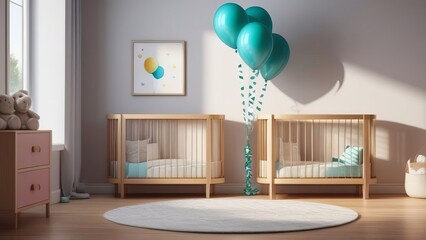 A nursery room with two cribs and a blue balloon. The room is decorated with a blue and yellow picture on the wall