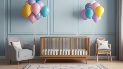 A nursery with a crib, chair, and balloons. The balloons are in various colors and are floating in the air. The room has a cheerful and playful atmosphere