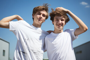 Two teenagers wearing plain white t-shirts posing against the sky. - 770492672