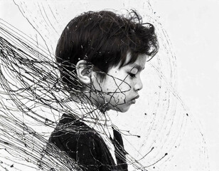 Portrait de profil d'un jeune garçon, qui à l'air triste, du graphisme basé sur les lignes abstraites agrémente cette image en noir et blanc, concept de dépression, mal être, difficulté de l'enfance
