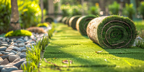 Natural grass turf rolls ready to lay in residential front yard. Installing wonderful green lawn with top quality naturally grown lawn turf. Gardening industry, landscaping. - obrazy, fototapety, plakaty