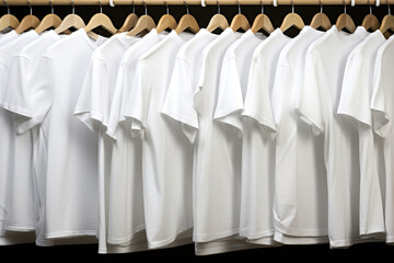 White tshirts on clothes hangers, ready for an event - 770492875