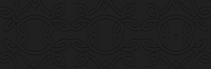 Banner. Relief geometric decorative openwork 3D pattern, ornamental figures with lines on a black background. Cover design and decor in the ethnic traditions of the East, Asia, India, Mexico, Aztec