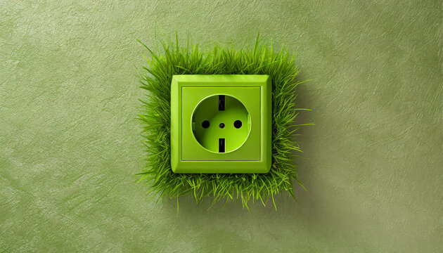 &Eacute;lectricit&eacute; propre et durable : prise &eacute;lectrique murale verte entour&eacute;e d'herbe, conceptuel