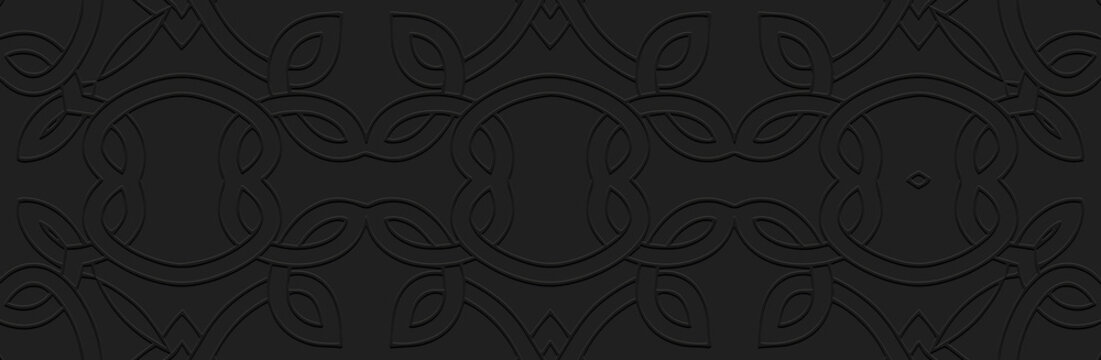 Banner. Relief geometric decorative openwork 3D pattern, ornamental figures with lines on a black background. Cover design and decor in the ethnic traditions of the East, Asia, India, Mexico, Aztec