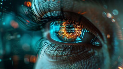 Augmented eye, displaying digital information overlays, in a cyberpunk-inspired underground laboratory filled with high-tech gadgets Photography, with a Backlights soft glow enhancing the scene - obrazy, fototapety, plakaty