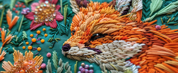 Detailed embroidery of baby fox with flower motifs, using colorful threads, beads and French knots. - obrazy, fototapety, plakaty
