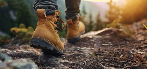 Close up of feets with hiking shoes from a man or woman walking in the mountain